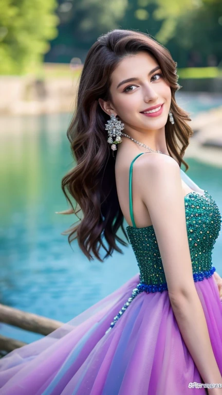 8K, ultra hd, masterpiece, very realistic, 1 girl, good face, very long hair, detailed eyes, detailed lips, super round medium breasts, Short Strapless Tulle Beads Prom Dress Green Mini Elegant 3D Flowers, ((pink,red,blue,black,green,meroon,purple,yellow c...