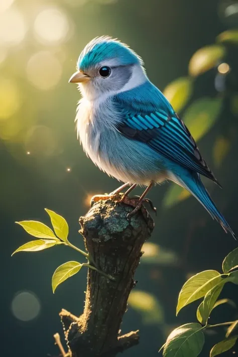 Beautiful little bird, adorable, fantasy, perched, sparkling, crisp detail, hyperrealism, cute, gorgeous, colorful, magical, dynamic lighting