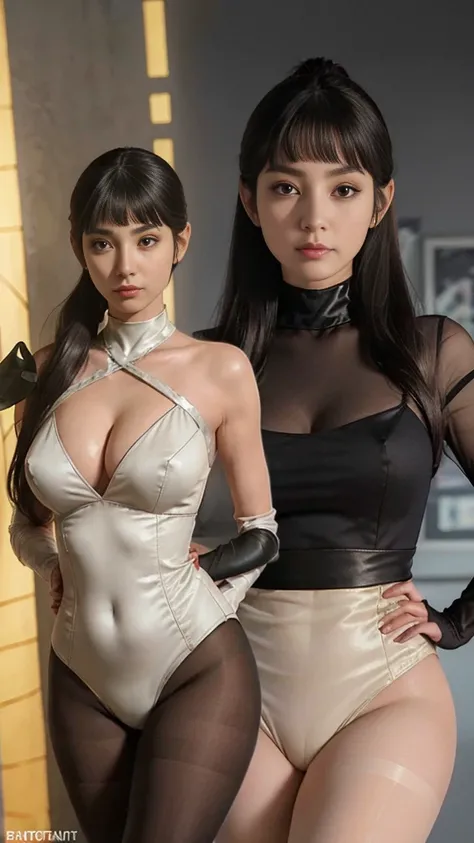 ((Top Quality、16K、​masterpiece:1.3))、a tall and beautiful woman、Perfect Figure:1.4、(retro futuristic aesthetic) Slim Abs、vulcan girl (from star trek) solo, Brown short hair、60s hairstyle (with hair bangs)、pointed ears, small eyebrows, No postural movement、...