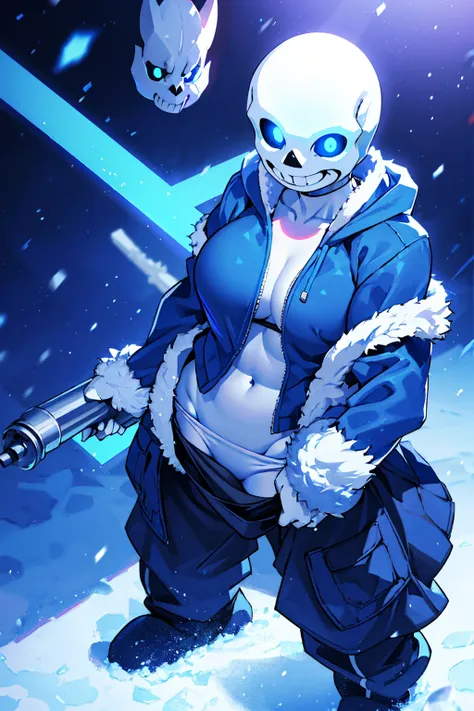 toby fox undertale sans blue jacket ,fire eyes skull smile white short hair glowing sexy white bikini face blue keel cannon one ...