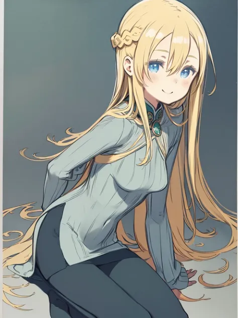 masterpiece、highest quality、High resolution、Very detailed、((((Flat Color))))、woman、cute、Smiling、(mint, blue eyes, braid、Long blonde、Hair between the eyes、Big Breasts)、Green Turtleneck Sweater、Long sleeve、Black tights stockings、Pencil Skirt、Medieval town、Em...