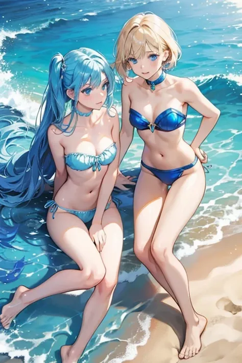 All the beach bunnies wear identical shiny blue strapless bikinis, which look almost metallic. They are also barefoot the whole time. Each of them has a different hair color and style. They are unnamed, individually differentiated females. SPARKLE; GLITTER...