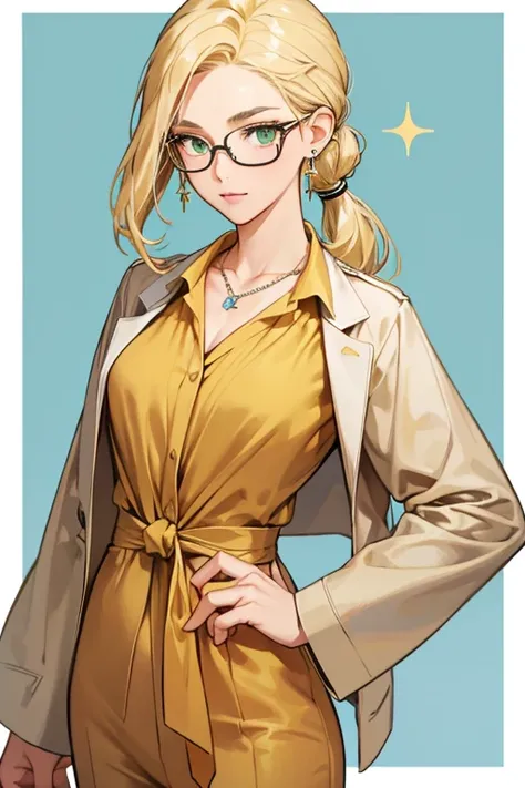 Brooks has blonde medium length hair that is tied into a low ponytail, green eyes, and has a medium complexion. She wears a tan suit dress with a light-blue undershirt. She has square glasses, dark-yellow bead earrings and necklace. SPARKLE; GLITTER.