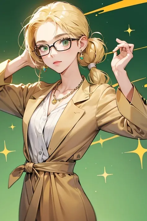 Brooks has blonde medium length hair that is tied into a low ponytail, green eyes, and has a medium complexion. She wears a tan suit dress with a light-blue undershirt. She has square glasses, dark-yellow bead earrings and necklace. SPARKLE; GLITTER.