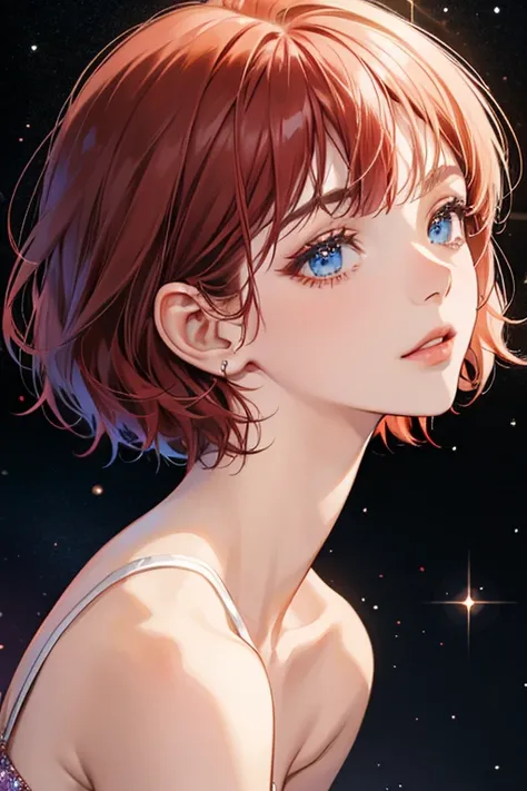 She has short, dark red hair bob cut , blue eyes and peach skin. SPARKLE; GLITTER.