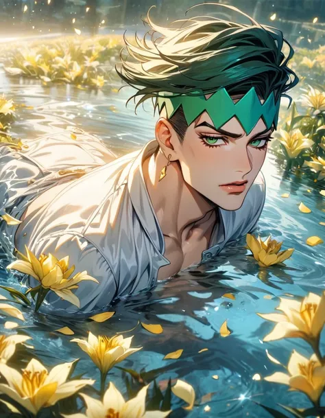 absurdres, highres, ultra detailed, HDR, master piece, best quality, Kishibe Rohan, dark green hair, expressive green eyes, jojo bizarre adventure, solo, sexy man, handsome, white clothes, water, yellow butterflies, yellow lilies, petals