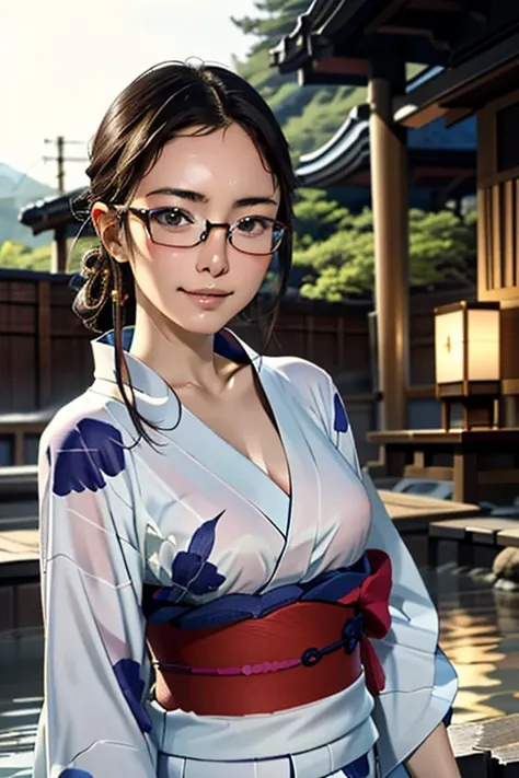 (masterpiece, highest quality), One Girl,  Satou, Satou, Glasses, yukata, Satou, Glasses, 赤いフレームのGlasses, Onsen town in Japan:1.5,Head to waist,yukata:1.6,hot spring,Dogo Onsen,Kusatsu Hot Springs,