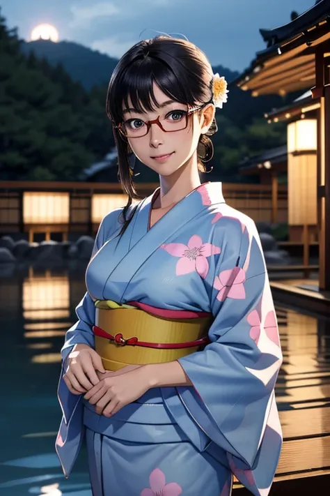 (masterpiece, highest quality), one girl,  satou, satou, glasses, yukata, satou, glasses, 赤いフレームのglasses, onsen town in japan:1....