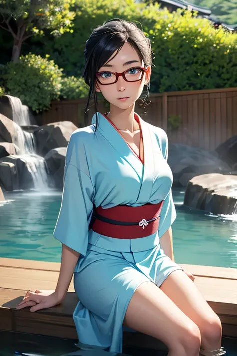 (masterpiece, highest quality), One Girl,  Satou, Satou, Glasses, yukata, Satou, Glasses, 赤いフレームのGlasses, Onsen town in Japan:1.5,Head to waist,yukata:1.6,hot spring,Dogo Onsen,Kusatsu Hot Springs,