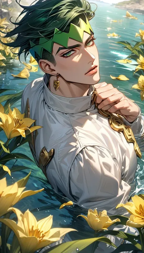 absurdres, highres, ultra detailed, HDR, master piece, best quality, Kishibe Rohan, dark green hair, expressive green eyes, jojo bizarre adventure, solo, sexy man, handsome, white clothes, water, yellow butterflies, yellow lilies, petals