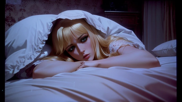 Blonde woman lying in bed, Movie screencaps, 70s Cinestir, Horror movie screenshots, A scene from the 1973 film, Film Shots, Tired movie stills, High quality film, 7 0 sec synestil, In this ominous scene, high resolution film still, 『Sprizia』Scenes of, Cin...