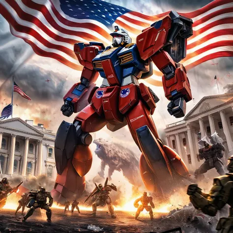 president Trump,white house,Gundam,military,piloting,liberating,democrat,rat bastards,strong,dominant,heroic,commanding,powerful,confident,ironclad,invincible,mecha suit,triumphant,battle,weaponry,ultimate showdown,explosions,action-packed,high-stakes,skys...