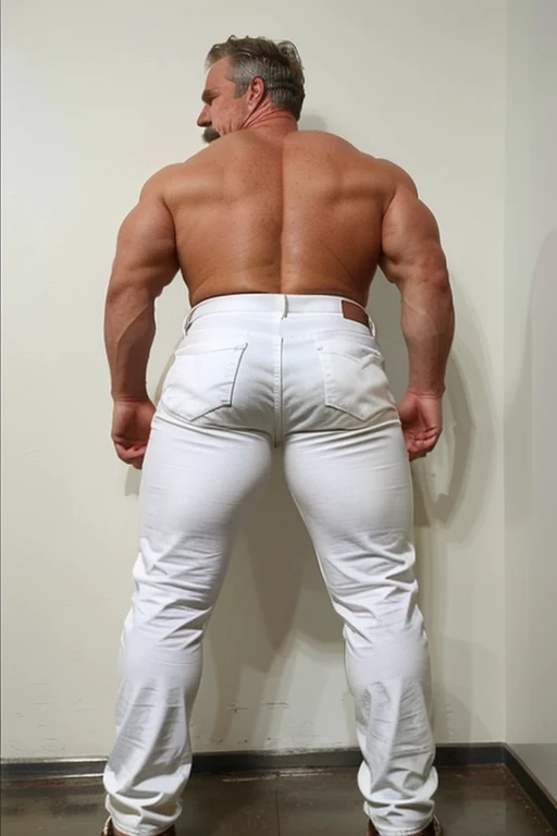 age 60, white man police detective with a mature, full body backside, kind demeanor, strong and muscular yet chubby build, mustache, wearing dress pants , giving off a hint of a horny yet disgusting aura. White Jeans  backside, two men kissing