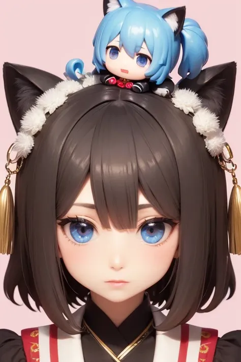 Oiran, 2 heads, Cat ear doll, Anime Girls, eyes in the style of Nendoroid, Nendoroid eyes, style as Nendoroid, water color Nendoroid, Nendoroid, Nendoroid 3 d, Nendoroid, Oiran姿, She is very, Expressive Face, an anime Nendoroid of karl marx