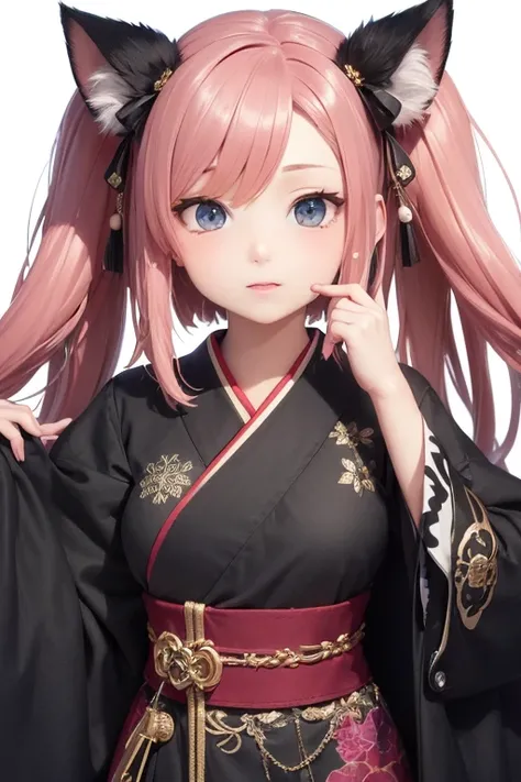 Oiran, 2 heads, Cat ear doll, Anime Girls, eyes in the style of Nendoroid, Nendoroid eyes, style as Nendoroid, water color Nendoroid, Nendoroid, Nendoroid 3 d, Nendoroid, Oiran姿, She is very, Expressive Face, an anime Nendoroid of karl marx