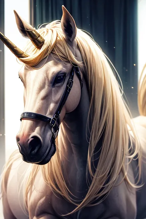 equine, horse, quadruped animal, white, with horn, unicorn blonde hair