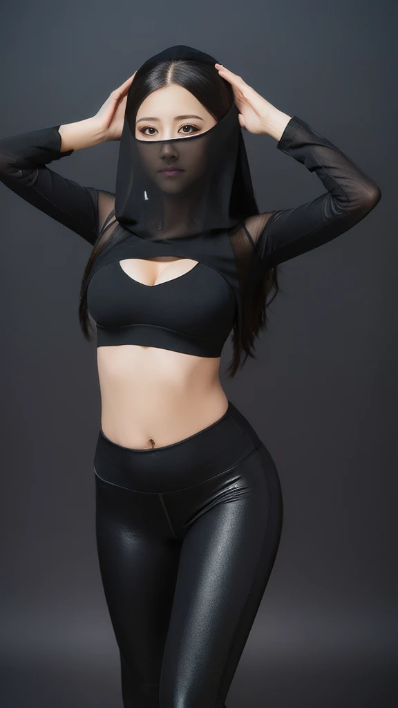 （lifelike， high - resolution：1.3），full body , 1 girl with a perfect body， Super fine face and eyes，slong hair， midriff of black colors：1.2， black shiny leggings，face veil,   big boob，Expose cleavage, belly dance pose.