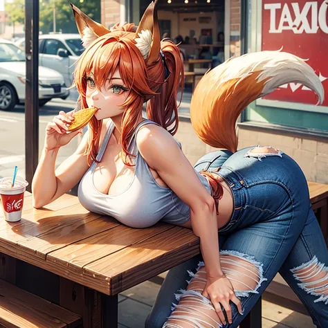 A woman with fox ears and a fox tail wearing a tank top and slim jeans eating a taco at a taco shop　The cola is on the table　Large Breasts　Big Ass　tall