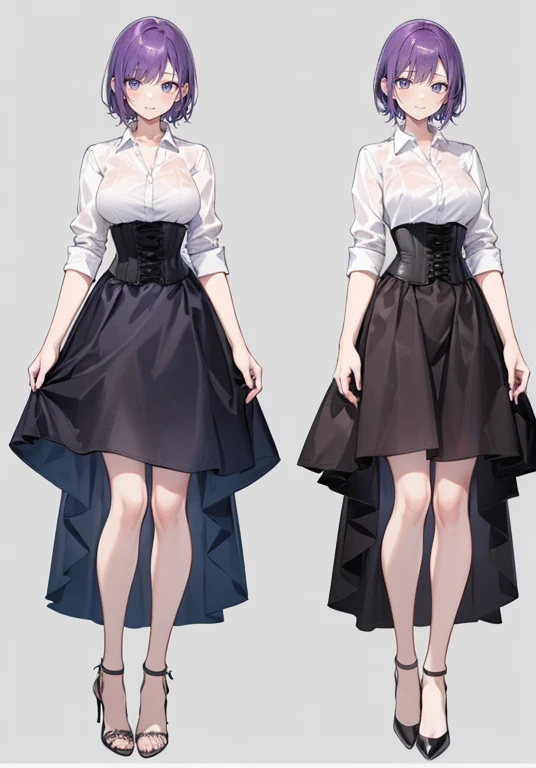 Purple hair,short hair,Adult female,(bartender),((Roll up your shirt sleeves)),(Rolling up the sleeves of his shirt),(corset),(skirt),(High heels),((Simple Background)),smile,((whole body)),((full body)),Character Sheet,