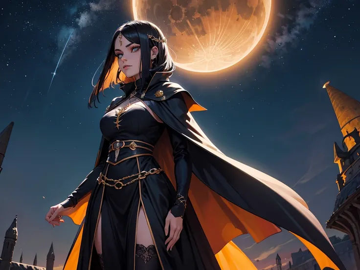 Uma personagem feminina com cabelo laranja curto vestindo uma flowing cape e multidão vestida com capa e capuz, night sky, Eclipse, 8k, magnificent, adulto, armadura detalhada, magnificent, hey goth, Cidade medieval, Hiroglifos, dourado preta, flowing cape