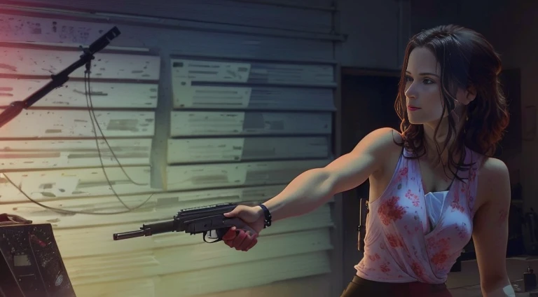 A woman holds a gun in her hand, Shot from a movie, Shots from the film, Cinematic action shots, 8 0 s neon movie stills, A scene from a Danis Villeneuve film, Cinematic red lighting, Movie action scene, Red and Cinematic Lighting, Promotional stills from ...