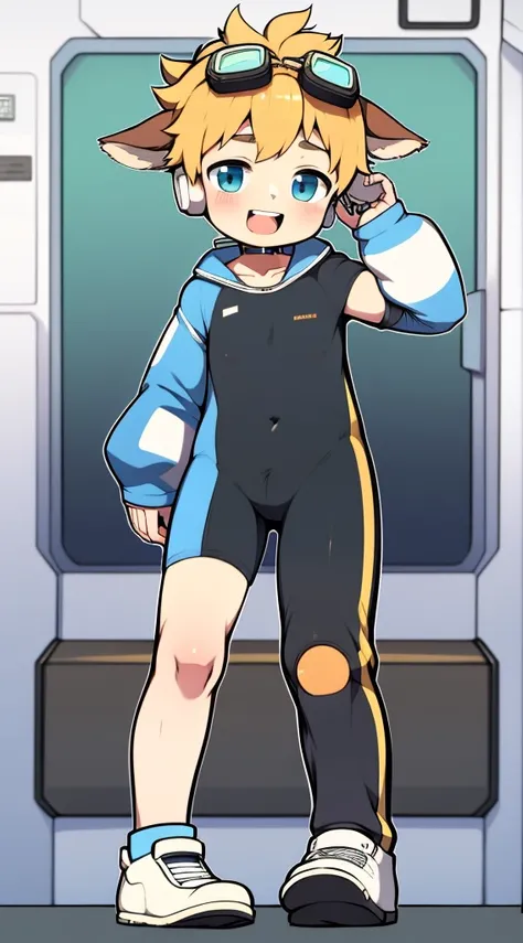 Two-dimensional boy，One-piece mountaineering suit，horn，Cow ears，Put the headphones on your head，stand up，goggles，sports shoes，Slim，Sailor collar，Knee socks，Short sleeve，Leg ring，cute，happy