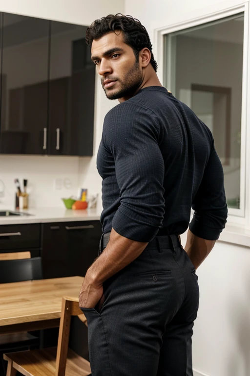 Un hombre negro con la cara se parece a Henry Cavill. Black man, Su cuerpo es musculoso y pe barba dentada.  Big butt, in a moment of reflection. Full body. Camisa Fajada, ropa semi formal color claro, backside. 