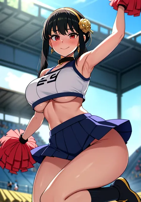 yor briar, 1girl, backlighting, bare shoulders, black hair, breasts, huge breasts, huge ass, huge thighs, narrow waist, wide hips, thick thighs, curvy, cleavage, closed mouth, earrings, floating hair, f gold earrings, gold hairband, hair flower, hair ornam...