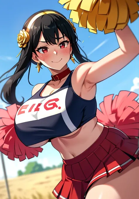 yor briar, 1girl, backlighting, bare shoulders, black hair, breasts, huge breasts, huge ass, huge thighs, narrow waist, wide hips, thick thighs, curvy, cleavage, closed mouth, earrings, floating hair, f gold earrings, gold hairband, hair flower, hair ornam...