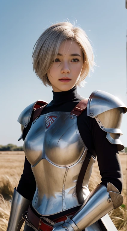 masterpiece , a girl, in a field, ( lite white short hair:1.2), (red eyes:1.2), (Crausader:1.2), (looks at the viewer:1.3) , (8k, best quality 1.2), ultra-detailed, 8k uhd, soft lighting, high quality, film grain, beautiful lighting, cinematic ,perfect bod...