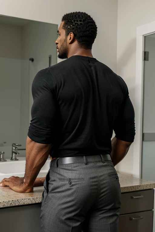 Un hombre negro con la cara se parece a Henry Cavill. Black man, Su cuerpo es musculoso y pe barba dentada.  Big butt, in a moment of reflection. Full body. Camisa Fajada, ropa semi formal, pantalon plata, backside. 