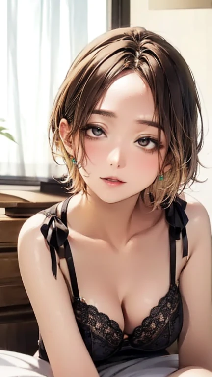 (Top quality masterpiece:1.2) Delicate illustrations, Very detailed, /Beautiful Japanese Woman、1 person,Very cute and slim、Excellent style 、((8K images、super high quality))、Very delicate face, Beautiful forehead、Bright red lipstick,(((((short hair、Light br...