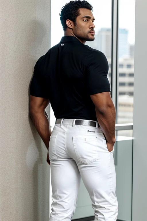 Un hombre negro con la cara se parece a Henry Cavill. Black man, Su cuerpo es musculoso y pe barba dentada.  Big butt, in a moment of reflection. Full body. Camisa Fajada, semi formal clothing white pants, backside. 