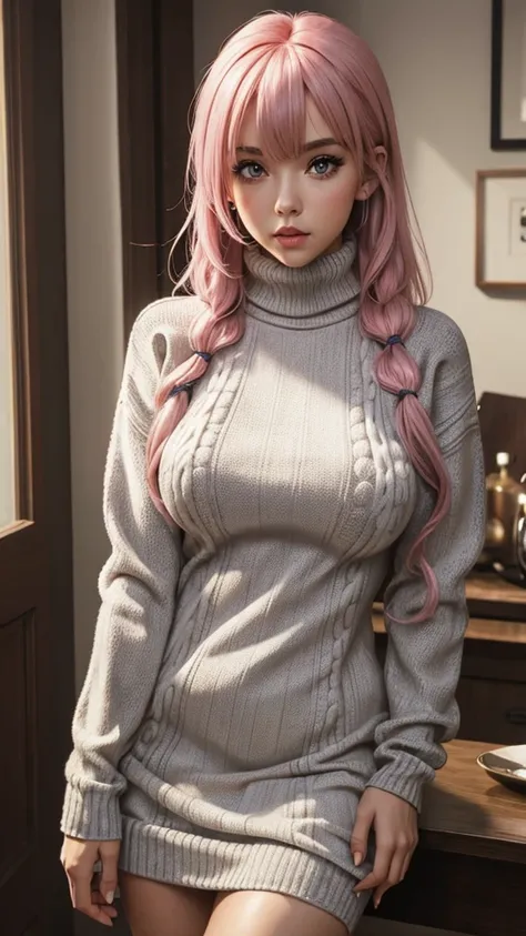 (masterpiece, best quality:1.2), flick, 1girl, solo, breasts, sweater, large breasts, ribbed sweater, looking at viewer, blush, white sweater, hand on hip, turtleneck, pink hair, two side up, long sleeves, cowboy shot, bangs, sweater dress, open mouth, tur...