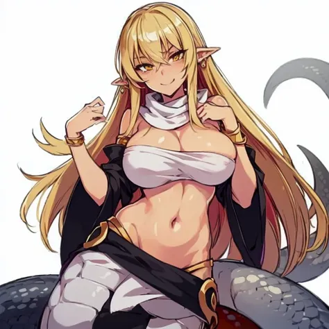 Masterpiece, best quality, expressive eyes, perfect face, lamia, 1girl, breasts, fair skin,gold_eyes, monster girl, solo, long hair, pointy ears, large breasts, blonde hair, white midriff, scarf, black skirts, white sleeves, navel, jewelry, smile, simple b...