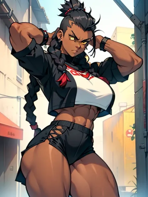 (1girl), black multiple braids mohawk hair swinging hair, extremely long hair, yellow eyes, ((muscular)), huge breasts, thick thighs, solo, angry, (dark tanned skin tone), cowboy shot, (serafuku)