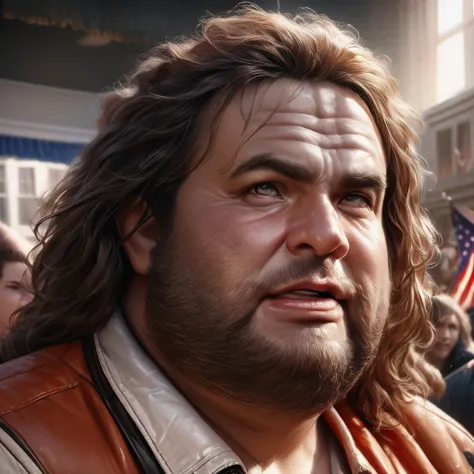 (best quality,4k,8k,highres,masterpiece:1.2),ultra-detailed,(realistic,photorealistic,photo-realistic:1.37),A fat, badly out of shape, hairy man, comically bad makeup, bad wig, dressed like a slut, carrying a toy rifle and an LGBTQ flag, marches in front o...