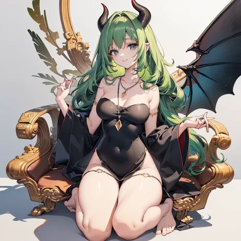 ((Masterpiece: 1.5, best quality, high resolution: 1.3, super resolution, super detailed, ultra detailed: 1.3, rich background: 1.2, Perfect Anatomy:1.5, 1 woman) pale skin + lime green hair + short wavy hair + blue eyes + curvy female figure + red horns a...