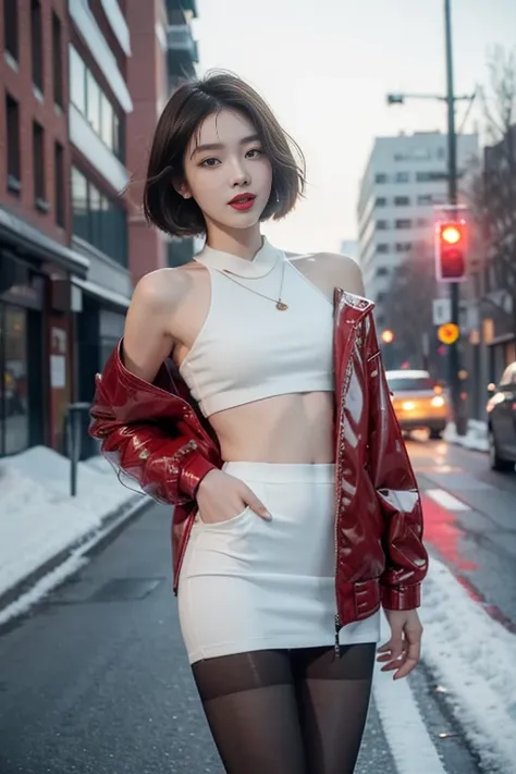 best quality, 4k, 8k, Detailed faces, clear face, pretty girls, Korean makeup, Red lips, laugh, perfect body,shoulder length straight short hair,small breasts,thigh,slim,thin, The girl wears , Underneath the jacket was a toptube and pantyhose, lower abdome...