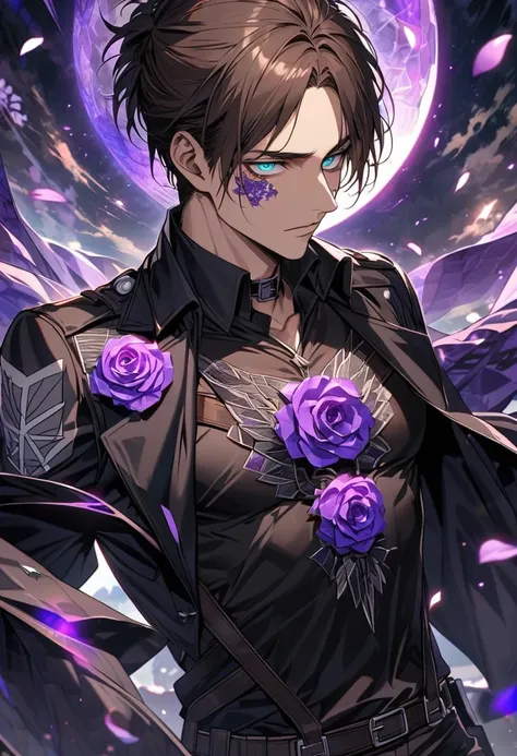 Ultra detailed, HDR, Highres, absurdres, master piece, Eren Jeager, brown hair, expressive turquoise eyes, Shingeki No Kyojin, toned chest, black tight shirt, purple glittering moon, purple ice, petals, purple ice roses, sexy man, solo, extremely detailed ...