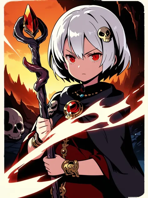 score_9,source_anime,1girl,standing,white hair,beautiful_detailed_eyes,short hair,red eyes,close up,skull hair ornament,looking at viewer,wearing cloak,chest jewel,jewelry,frown,serious,cave,holding staff,