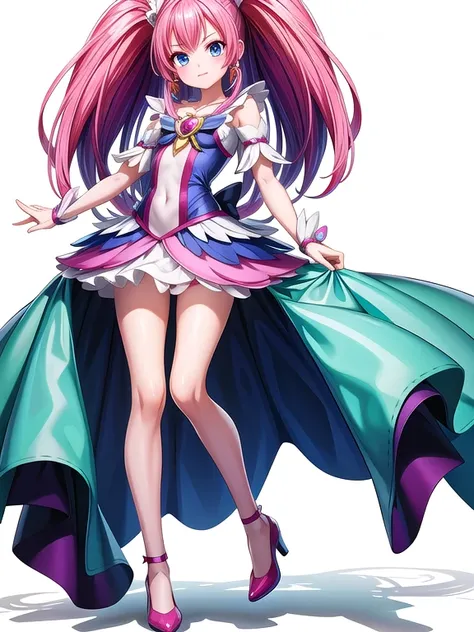 (stand posture), cute eyes, adult woman,, solo, high fantasy outfits, ((white background)), (full body), precure costume
