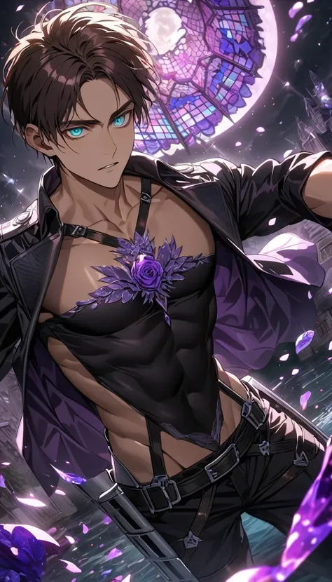 Ultra detailed, HDR, Highres, absurdres, master piece, Eren Jeager, brown hair, expressive turquoise eyes, Shingeki No Kyojin, toned chest, black tight shirt, purple glittering moon, purple ice, petals, purple ice roses, sexy man, solo, extremely detailed ...