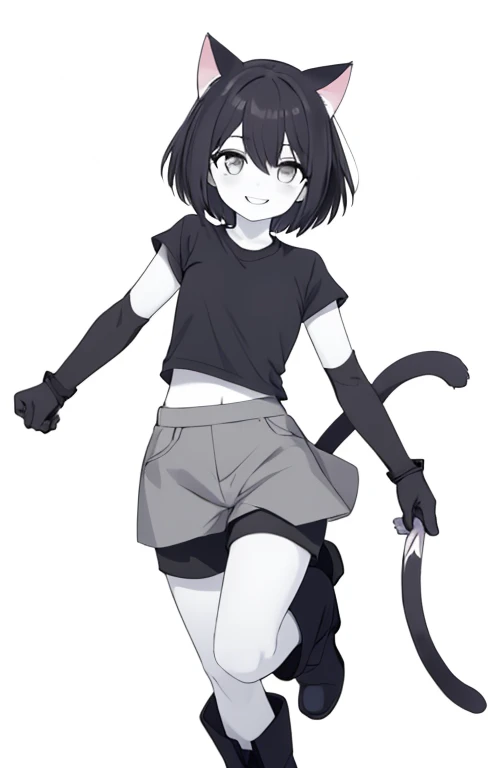 masterpiece, best quality, 1girl, pale skin, cat ears, cat tail. grey shirt, grey skirt shorts, black short hair, grey eyes, elbow gloves, boots, smile, rating_safe