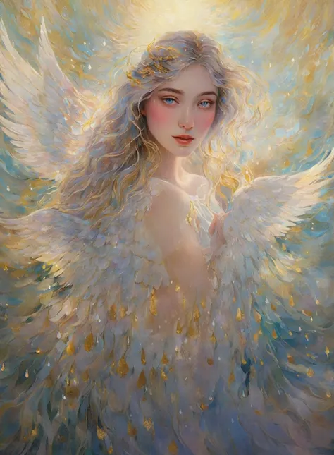 "(best quality,ultra-detailed),water element angel from lake,beautiful detailed eyes,beautiful detailed lips,flowing white dress,ethereal beauty,long flowy hair,golden halo,sparkling water drops,floating wings,soft ethereal light,impressionist painting sty...