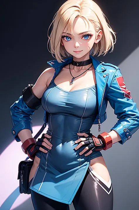 (masterpiece), best quality, expressive eyes, Perfect face, high resolution, 1 Girl, Solitary,Cami White, short hair, Antenna hair, blue eyes, Scar on cheek, Large Breasts, Black necklace, clavicle, Blue Jacket, Cropped Jacket, Open jacket, good exercise, ...