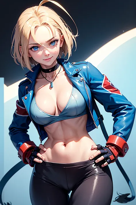 (masterpiece), best quality, expressive eyes, Perfect face, high resolution, 1 Girl, Solitary,Cami White, short hair, Antenna hair, blue eyes, Scar on cheek, Large Breasts, Black necklace, clavicle, Blue Jacket, Cropped Jacket, Open jacket, good exercise, ...