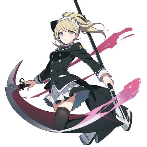 anime girl dressed in black and white with a miniskirt, holding a scythe, lolish, danganronpa digital art, marisa kirisame, Soul Eater, marisa kirisame, anime maid ss military, Ar