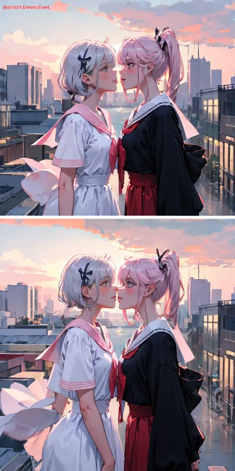 Masterpiece: 1.3), Best Quality, 2 girls kissing each other, 18 and 10 years old, white and pink hair color, delicate, rooftop, spirit, sunset, sailor suit and JK costume