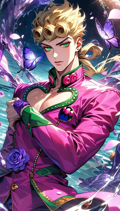 Ultra detailed, HDR, Highres, absurdres, master piece, Giorno Giovanna, blond hair, expressive green eyes, pink clothes with patterns, Jojo Bizarre Adventure, purple glittering butterflies, purple ice, petals, purple ice roses, sexy man, solo, extremely de...